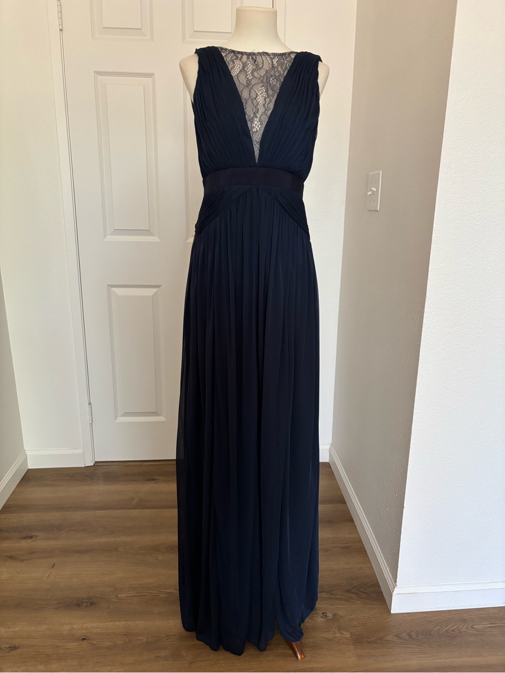 Adrianna Papell Navy Lace-Inset Pleated Maxi Dress
